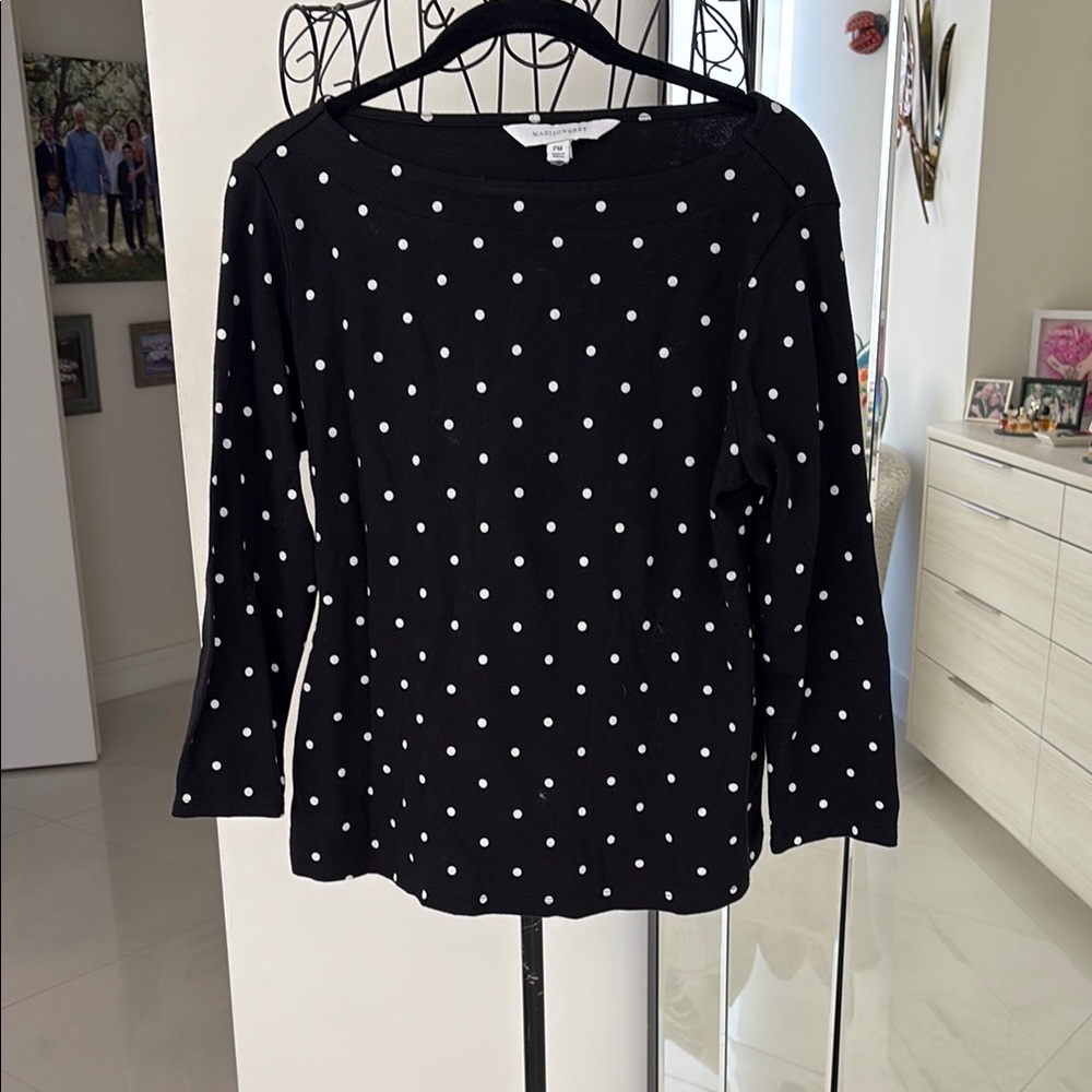 Madison 3/4 Sleeve Black Top with White Dots